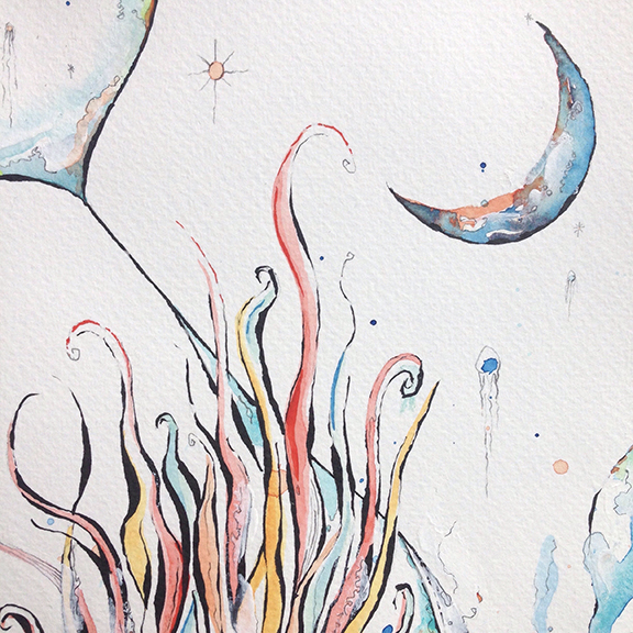 Flow watercolour painting detail of moon